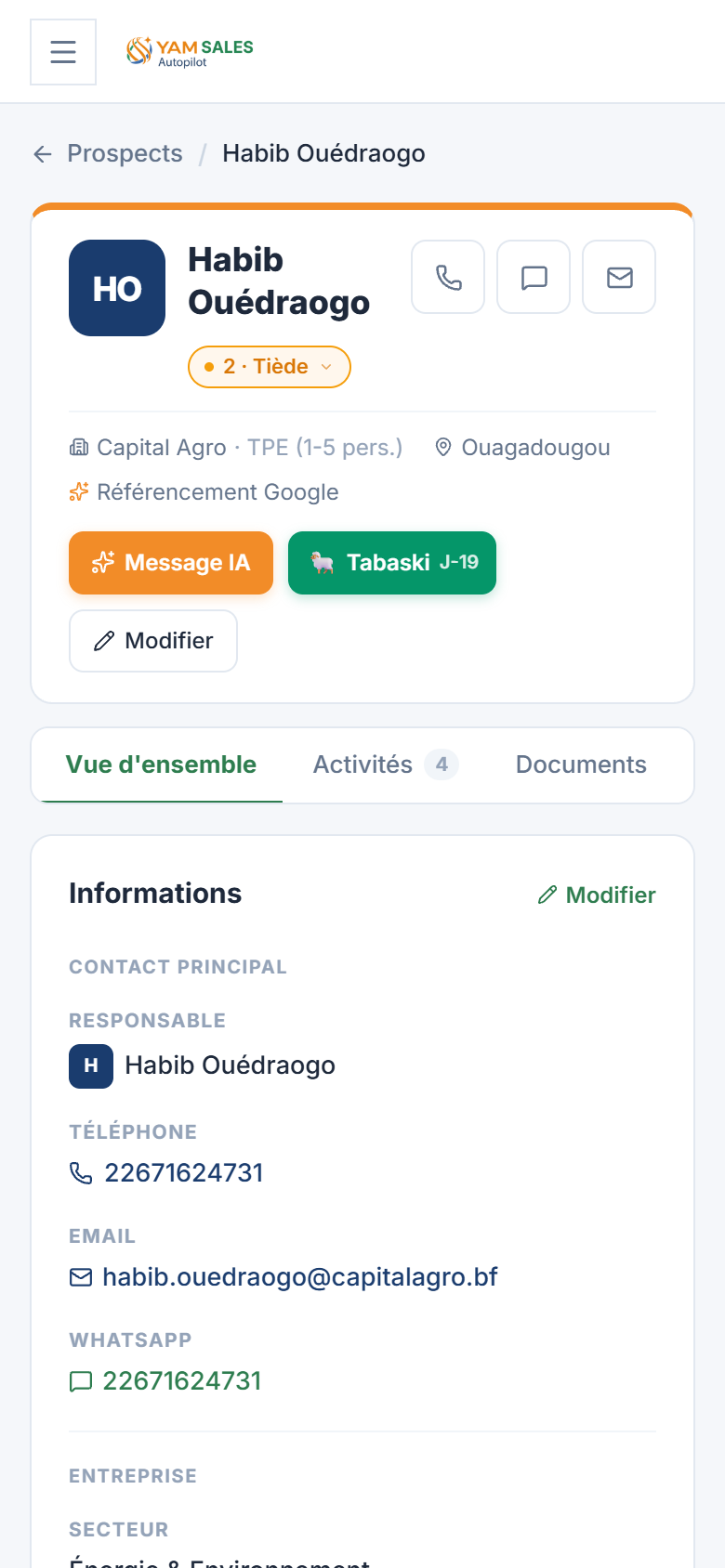 Fiche prospect YAM Sales mobile
